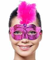 Roze dames masker met veer